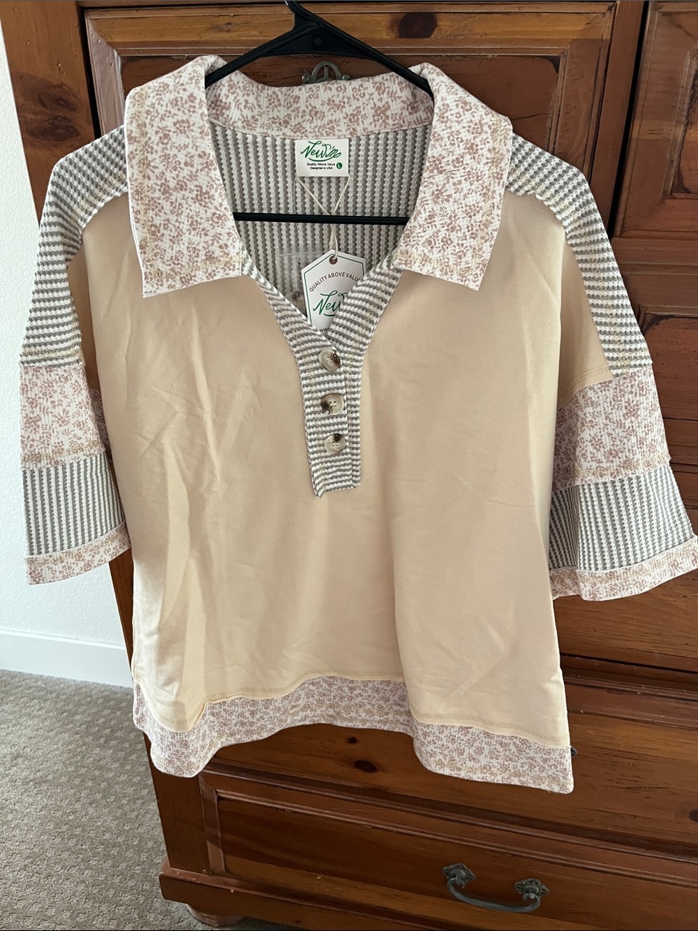 Very J Beige Button-Down Polo Top with Patchwork Trim NWT